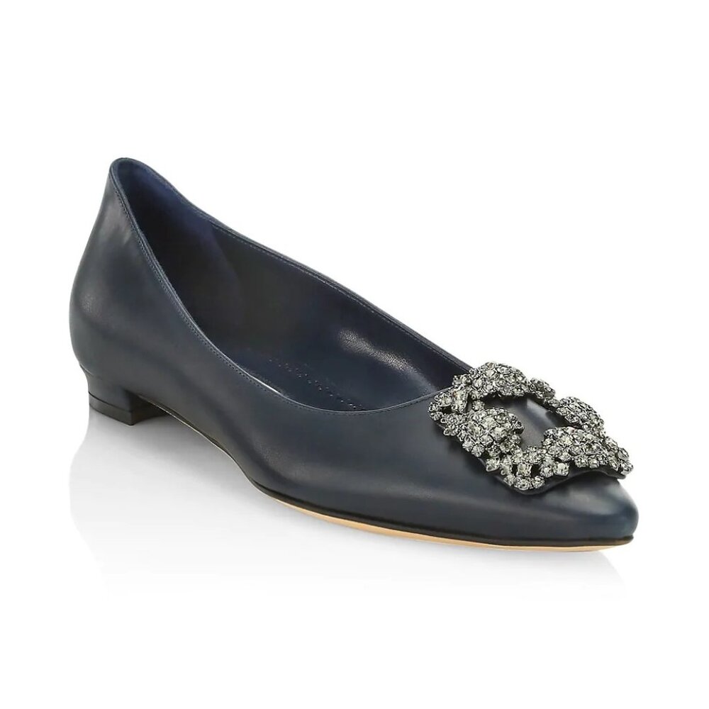 LIKE NEW!  Manolo Blahnik Hangisi 25 Navy Leather Pointed Flats Size 38!